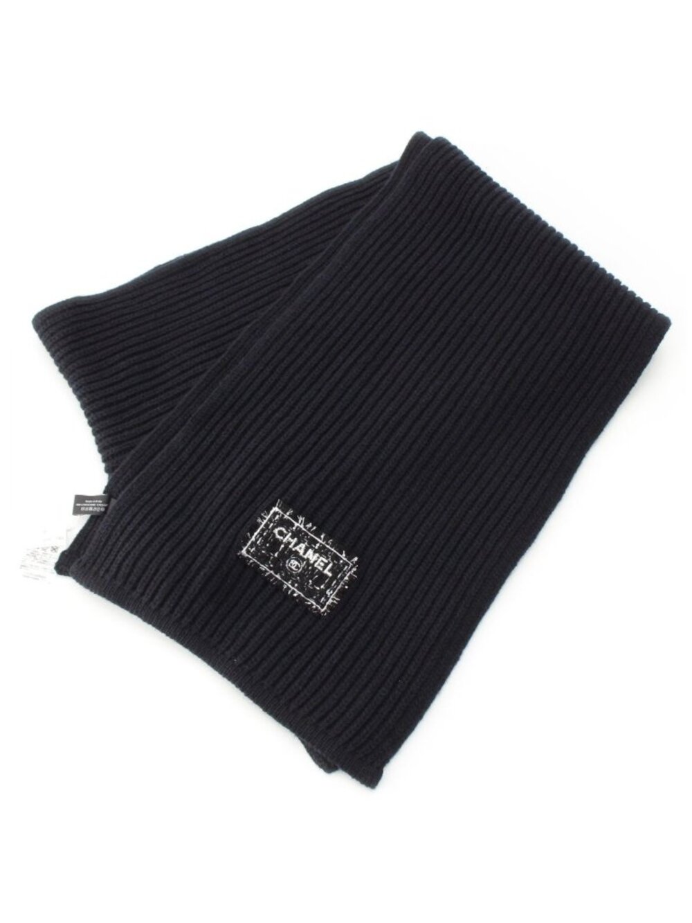 Chanel Cashmere Logo Label Tweed Scarf Black